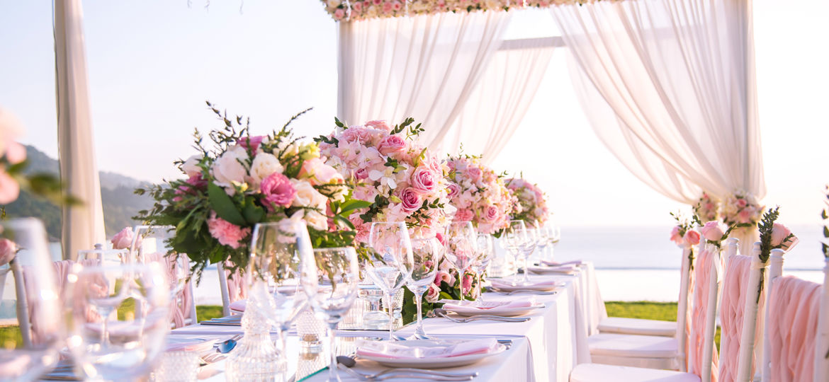 Table setting at a luxury wedding and Beautiful flowers on the table.